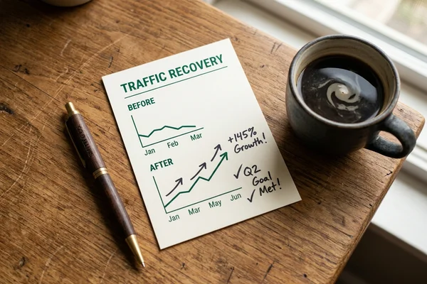 A printed traffic recovery chart annotated beside a coffee cup