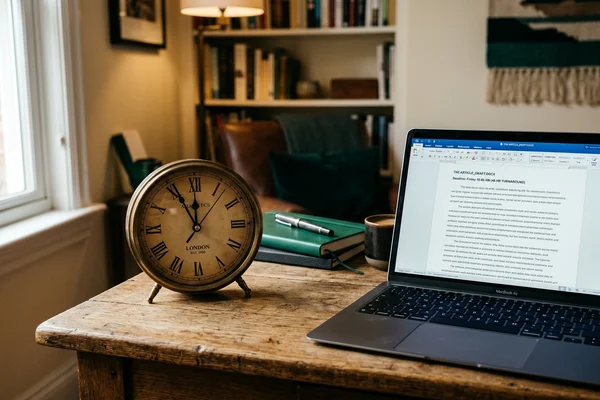 A clock beside a laptop conveying 48-hour content delivery