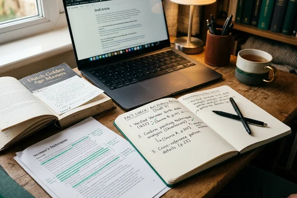 Fact-checking notes beside source documents and an open laptop