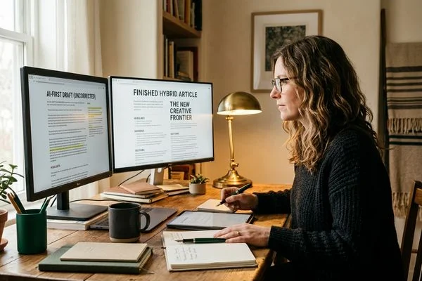 Editor comparing an AI first draft against the finished hybrid article