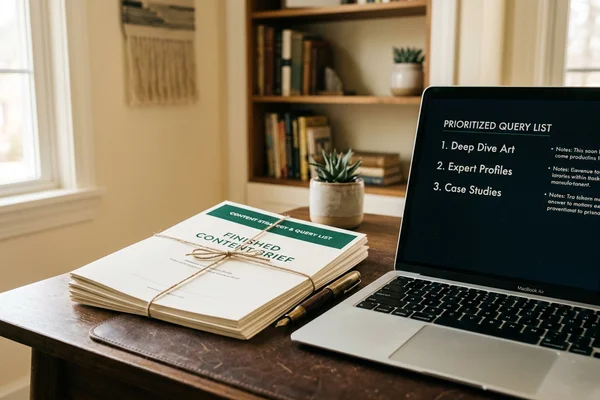A finished content brief stacked beside a laptop showing a prioritised query list