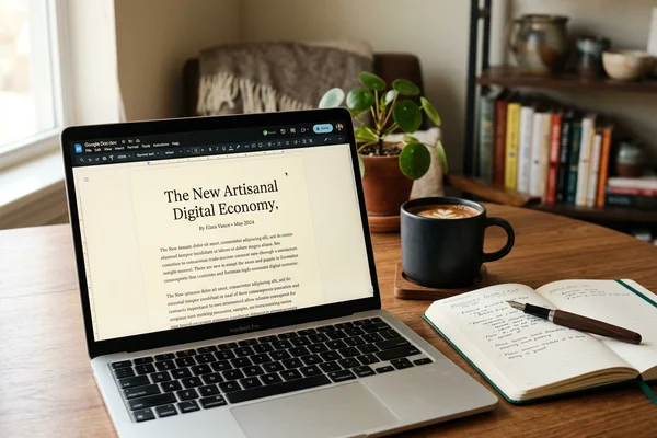 A finished hybrid article open in a clean Google Doc beside coffee and a notebook