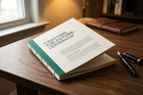 A finished thought leadership feature printed and resting on a walnut desk beside a fountain pen