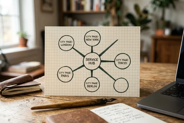 A hand-drawn pillar-and-spoke diagram mapping a service hub to city pages