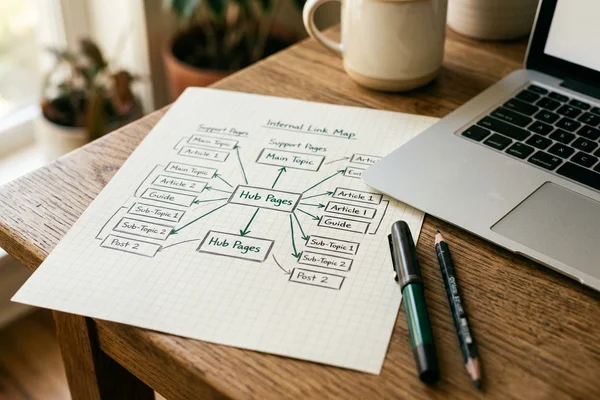A hand-sketched internal link map connecting hub and support pages