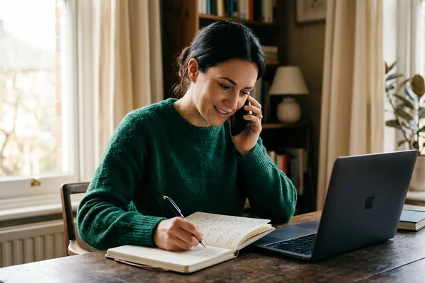 A journalist on a source call taking longhand notes beside a laptop