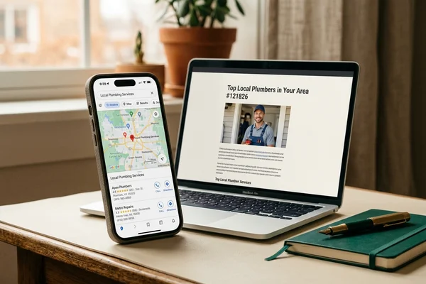 A phone showing a local map pack result propped beside a laptop with a local service article