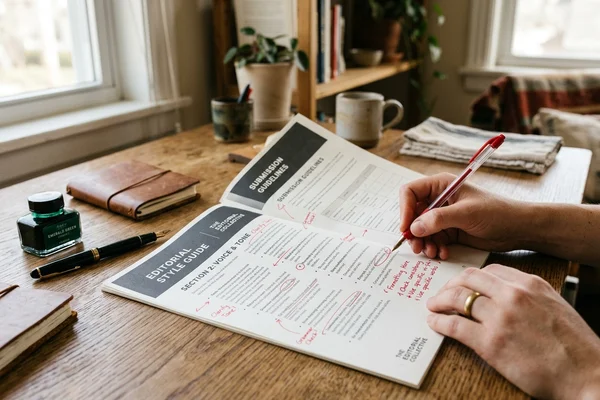Annotated editorial rubric and style guide pages on a cream desk