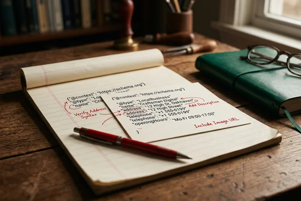 Printed LocalBusiness schema markup annotated in red pen beside a notebook