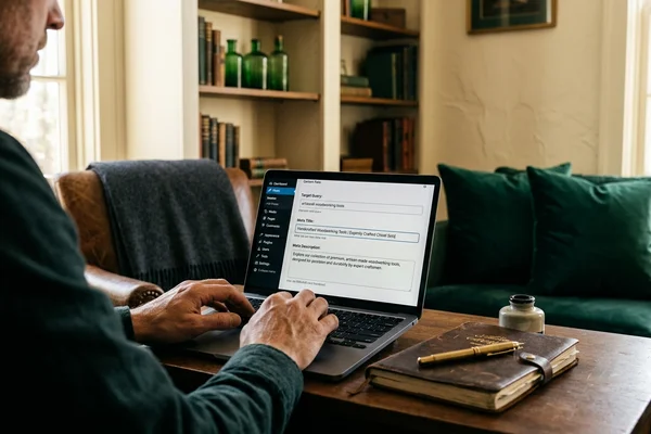 A screen showing a meta title and description being written for a target query