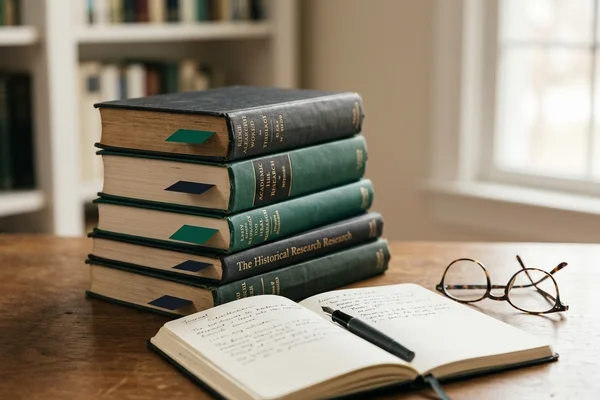 Research books with sticky tabs beside an open notebook and reading glasses