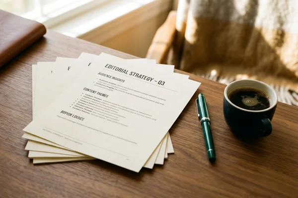 A stack of topic coverage briefs fanned across a warm wooden desk