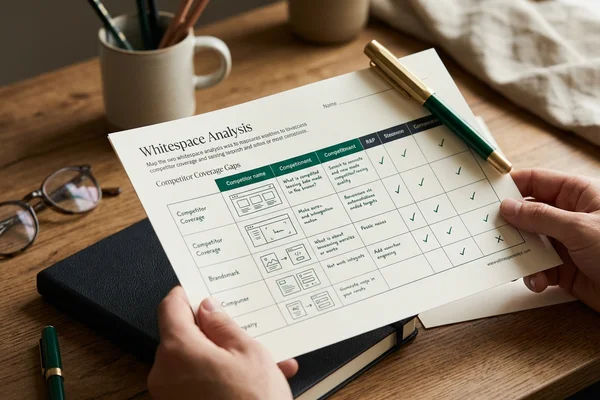 A whitespace analysis worksheet mapping competitor coverage gaps