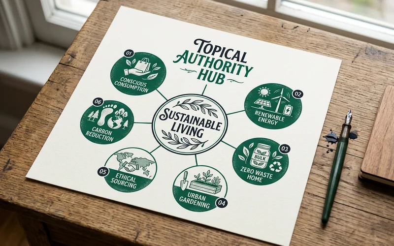 Hub-and-spoke diagram illustrating topical authority across a content cluster