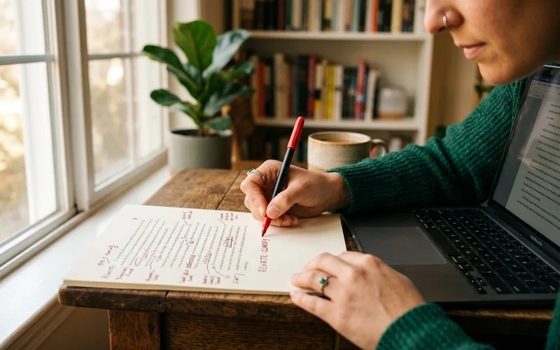 An editor marking a printed draft in red pen beside a laptop in warm morning light
