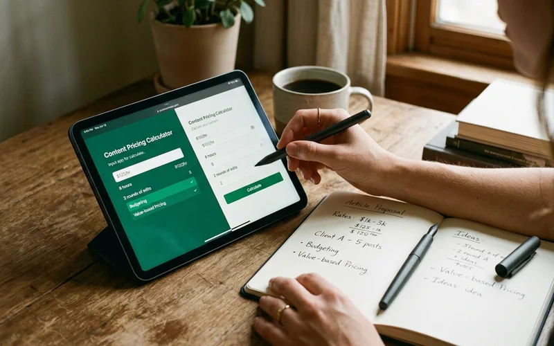 Hands using a content pricing calculator on a tablet beside a notebook