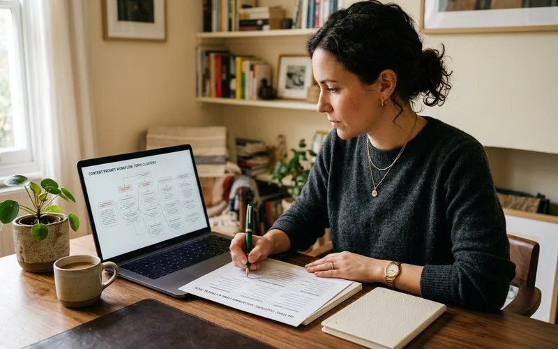 An engineered content prompt workflow on screen beside a printed topic list