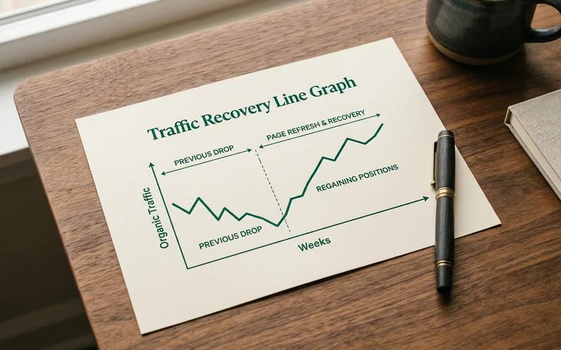 Before and after line graph showing a refreshed page regaining traffic