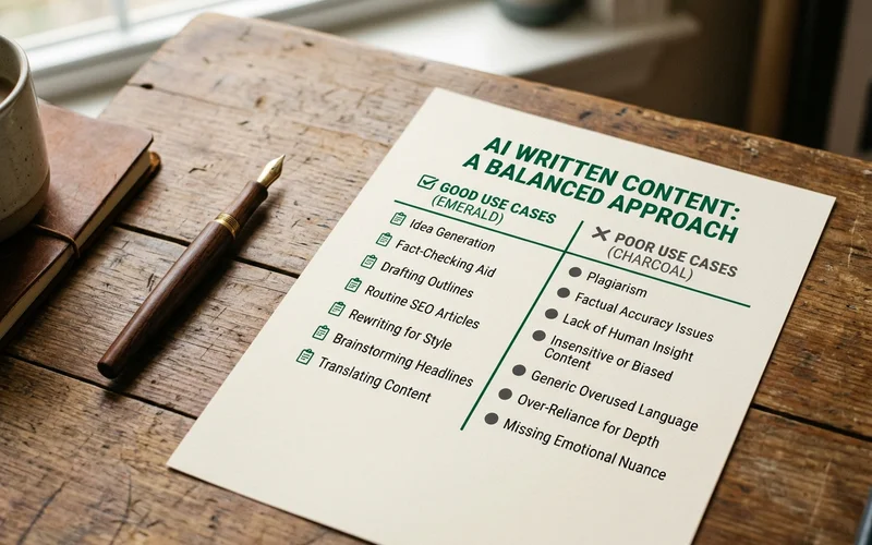 Checklist graphic contrasting good and poor use cases for AI-written content