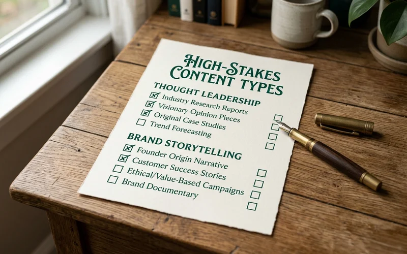 Checklist graphic of high-stakes content types including thought leadership and brand storytelling