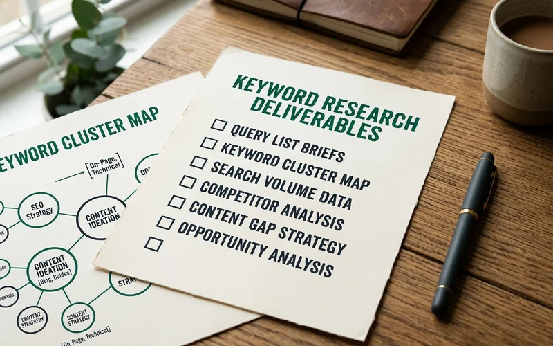 Checklist graphic of research deliverables: query list, briefs, and cluster map