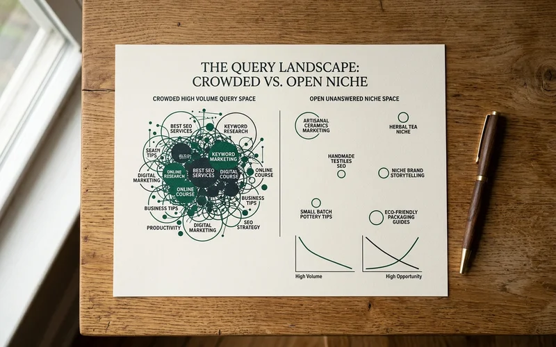 Diagram contrasting the crowded high-volume query space with open unanswered niche space