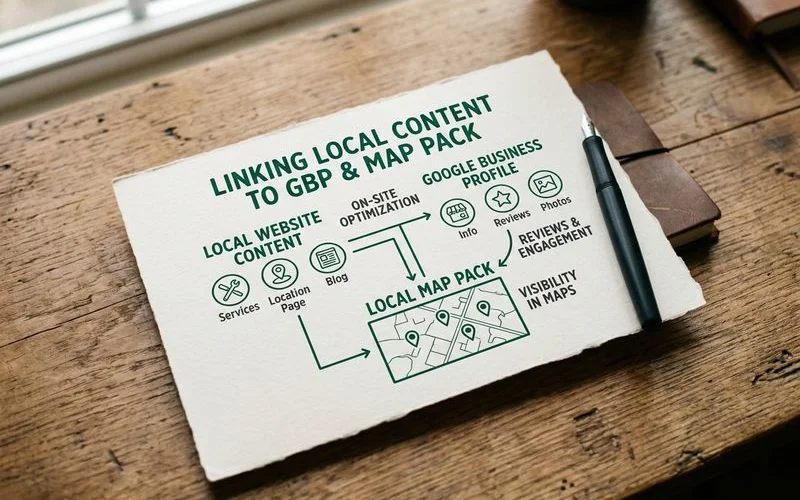 Diagram linking on-site local content to Google Business Profile and the map pack