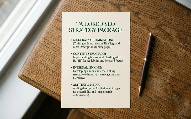 Itemized graphic listing meta tags, headings, internal links and alt text