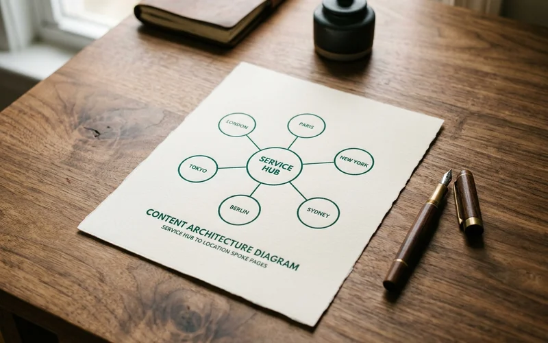 Pillar-and-spoke diagram showing a service hub linked to location spoke pages