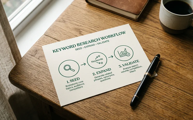 Three-step keyword research workflow diagram: seed, expand, validate