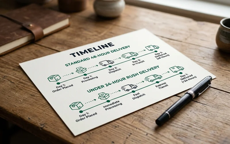 Timeline graphic comparing standard 48-hour delivery with under-24-hour rush delivery