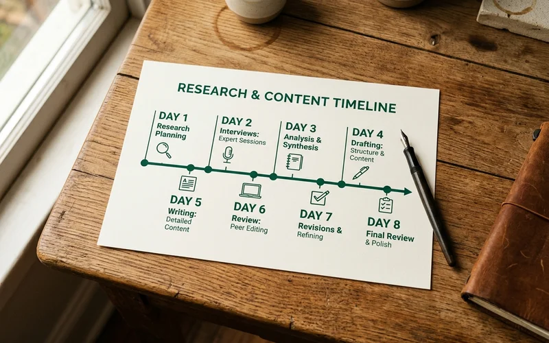 Timeline graphic showing how eight days split across research, interviews, drafting and review