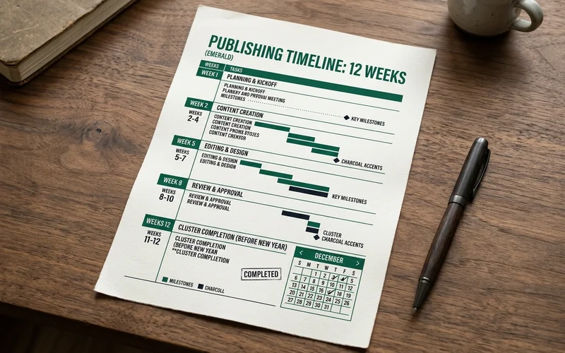 Twelve-week publishing timeline graphic showing cluster completion before the new year