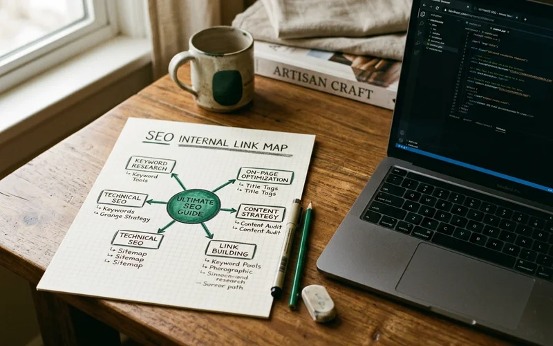 A hand-sketched internal link map connecting hub and support pages beside a laptop