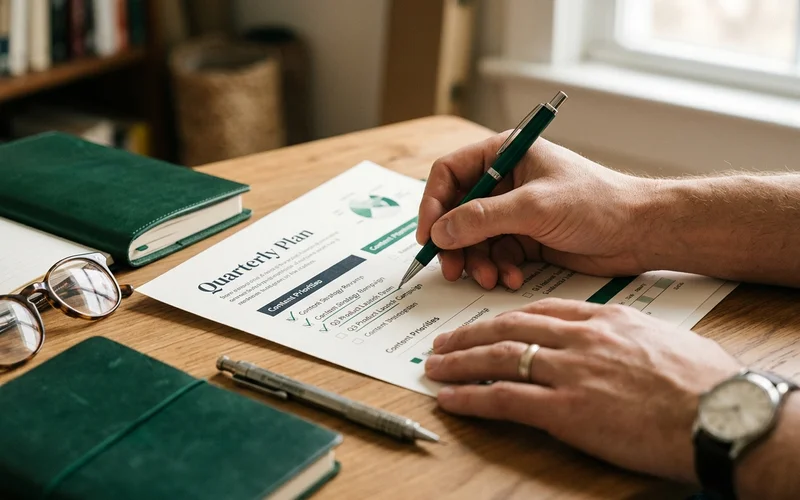 Hands marking content priorities on a printed quarterly plan