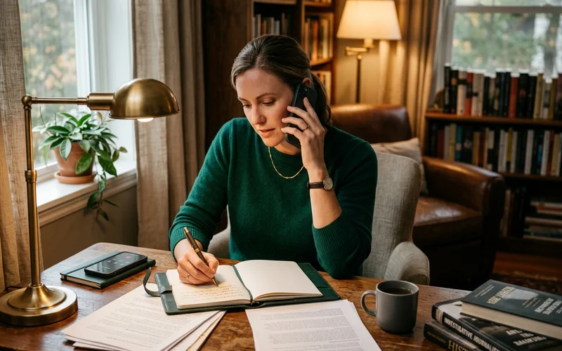 A journalist on a source call taking longhand notes beside a laptop in a textured home study