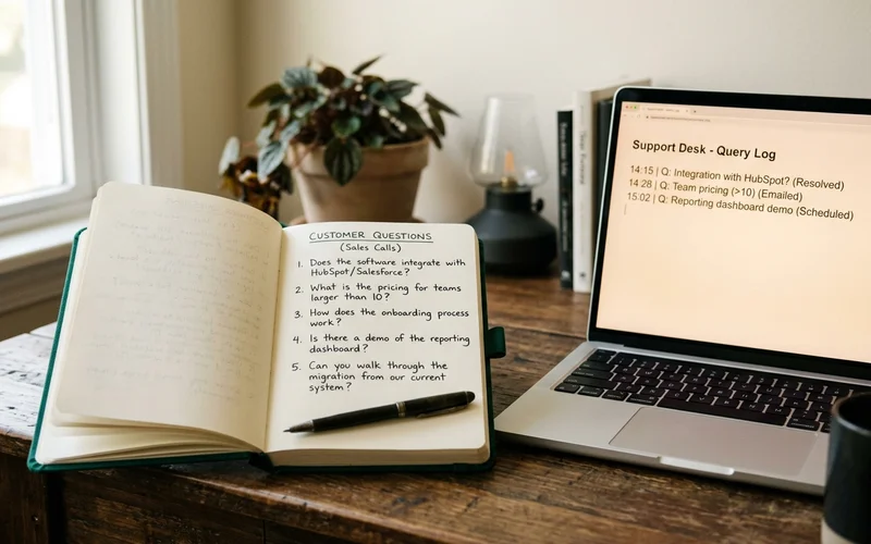 A notebook page listing real customer questions gathered from sales calls