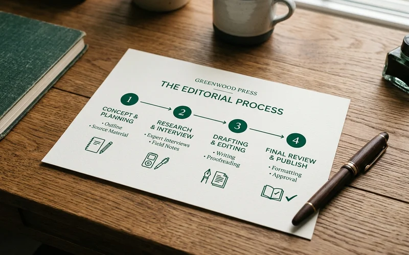 Numbered four-step editorial workflow diagram