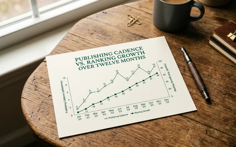 Line graph showing publishing cadence plotted against ranking growth over twelve months