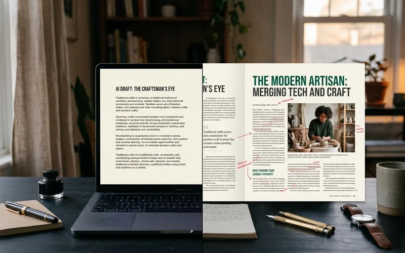 Editor comparing an AI first draft against the finished hybrid article
