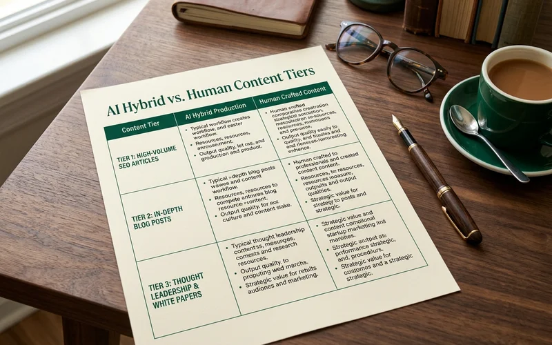 Three-column comparison table of AI, hybrid and human content tiers