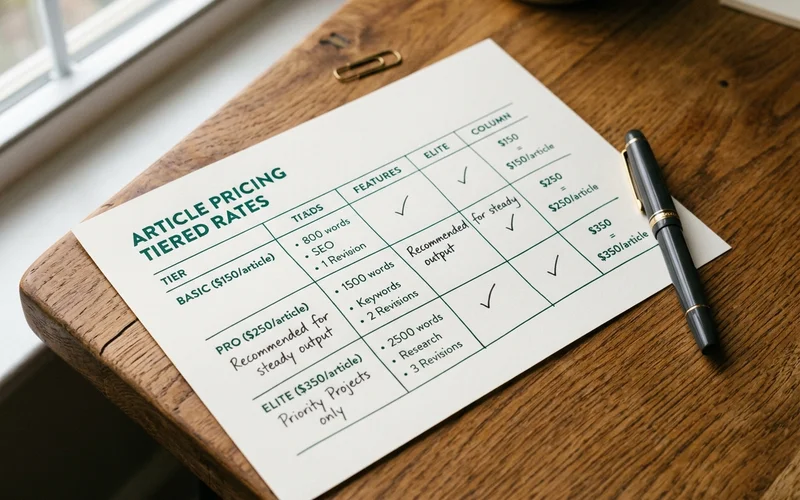 A printed three-tier pricing matrix annotated on a warm wooden desk