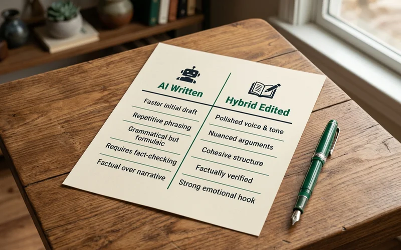 Two-column comparison graphic of AI-written versus hybrid-edited content