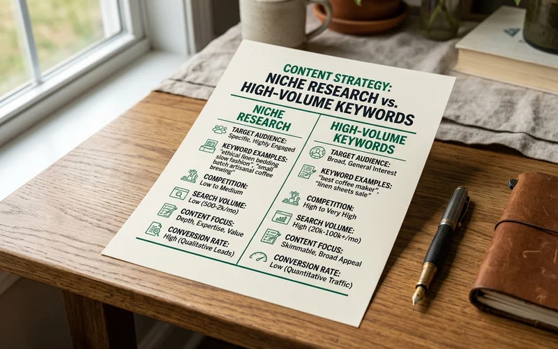 Two-column comparison graphic of niche research versus high-volume keyword strategy