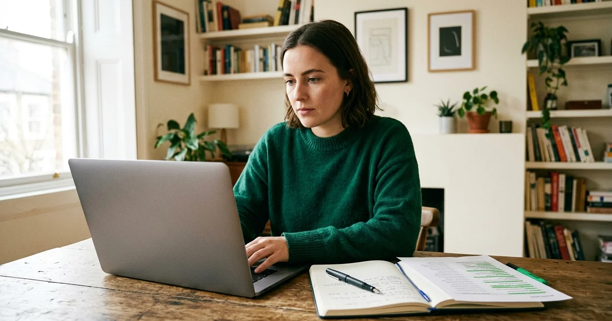 An analyst reviewing search query data on a laptop with handwritten research notes alongside