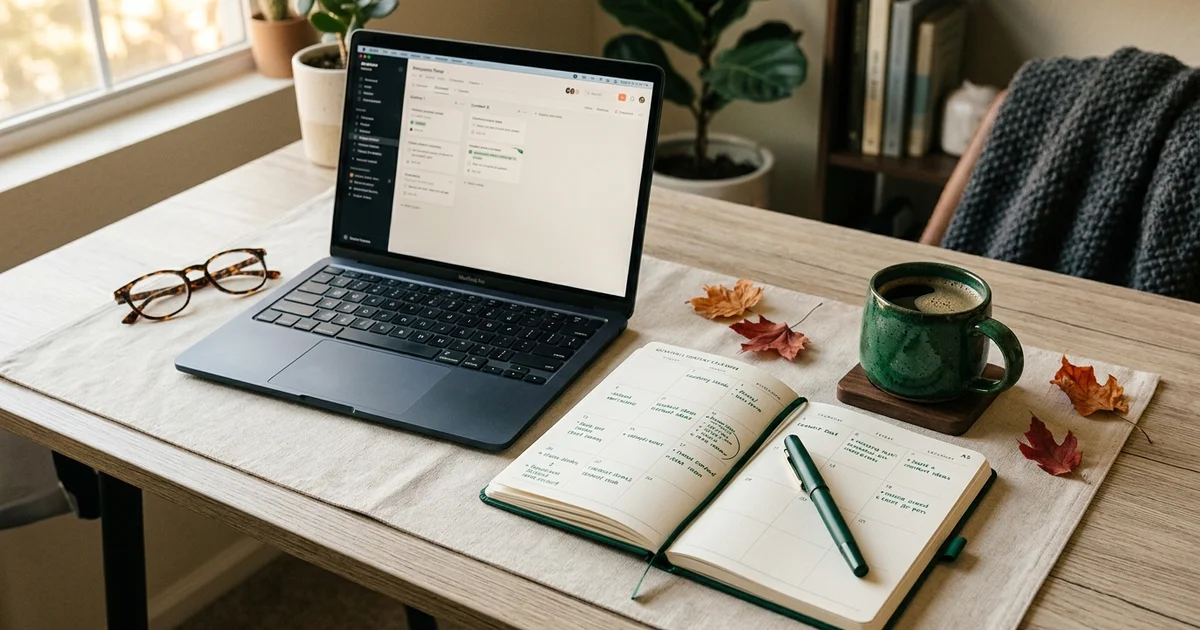 An autumn desk scene with a quarterly content calendar marked in green pen beside a laptop