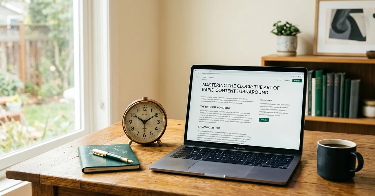 A clock and laptop side by side on a warm wooden desk conveying fast content delivery