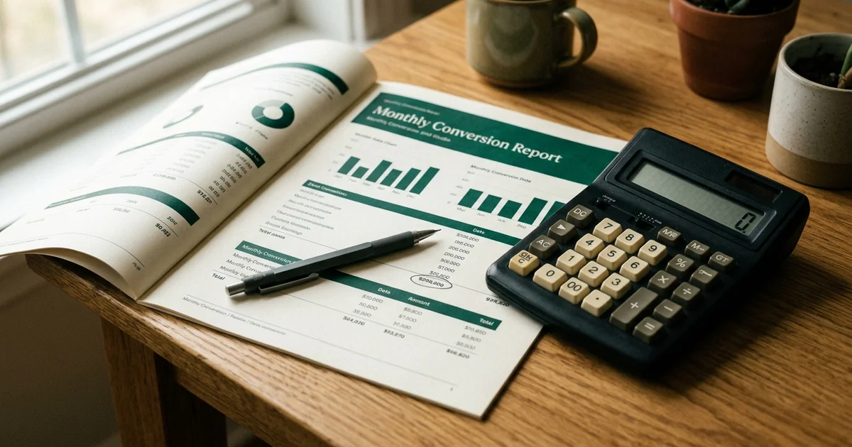 A conversion report and calculator on a warm wooden desk in soft window light