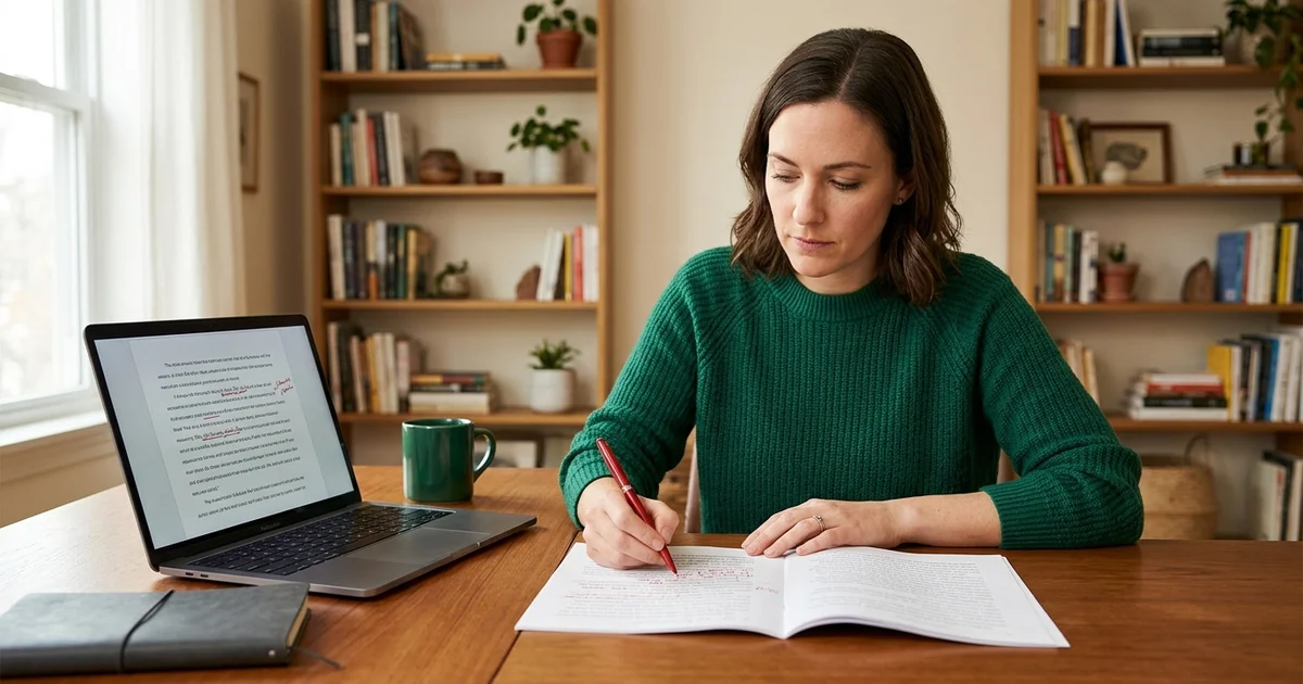 An editor annotating a printed manuscript beside a laptop showing the working draft
