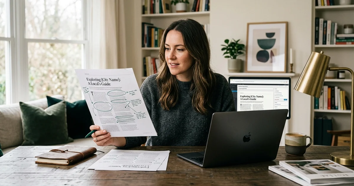 An editor comparing two city page drafts for uniqueness on a laptop in a warm studio